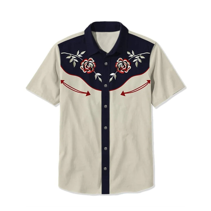 Man modeling a unique embroidered men's western shirt, long sleeve, vintage casual style.