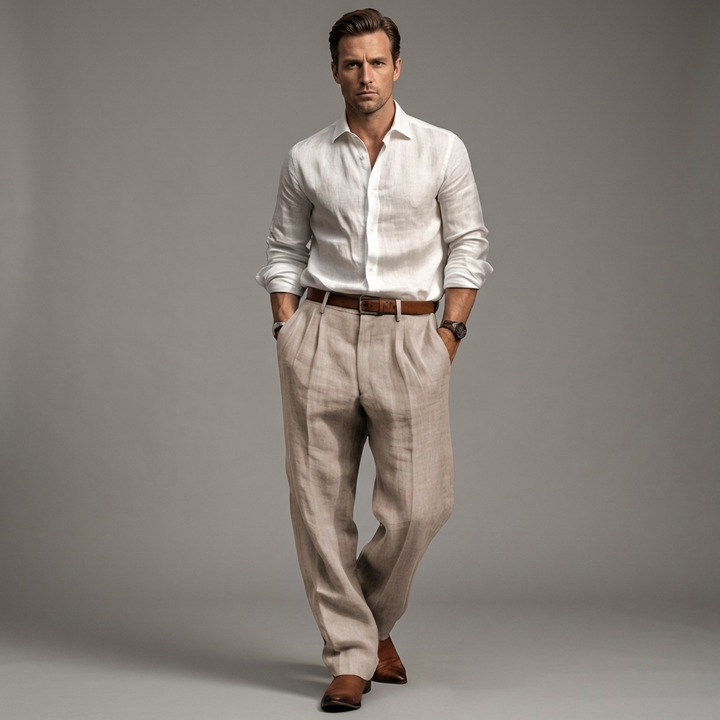Men's neutral pleated linen trousers, offering refined style & comfort for summer casual wear. Straight leg fit.