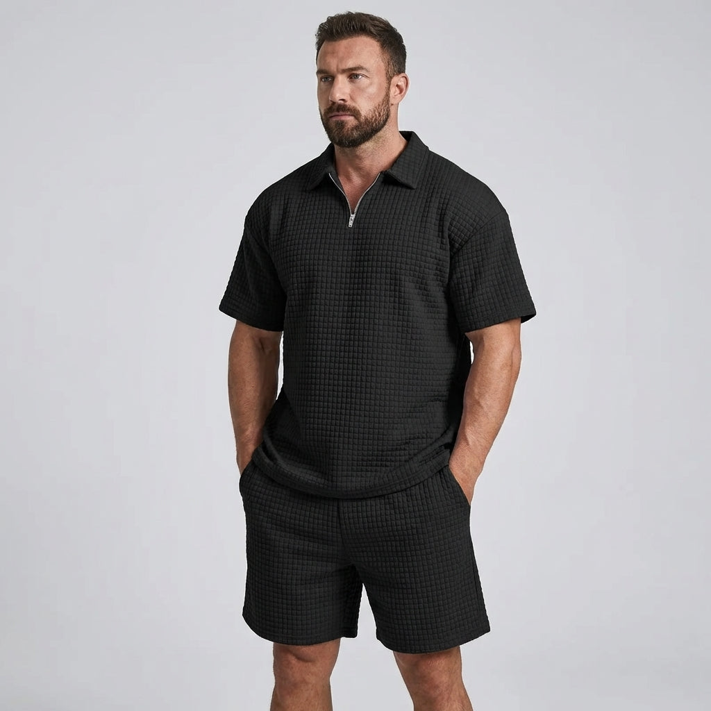 Men's new lightweight leisure set. Comfortable poly-cotton waffle knit two-piece, perfect for casual summer wear.