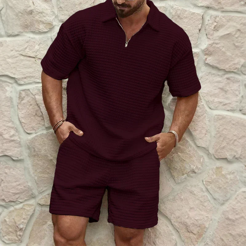Relaxed fit men's casual outfit: a two-piece shorts set, ideal for breathable summer loungewear.