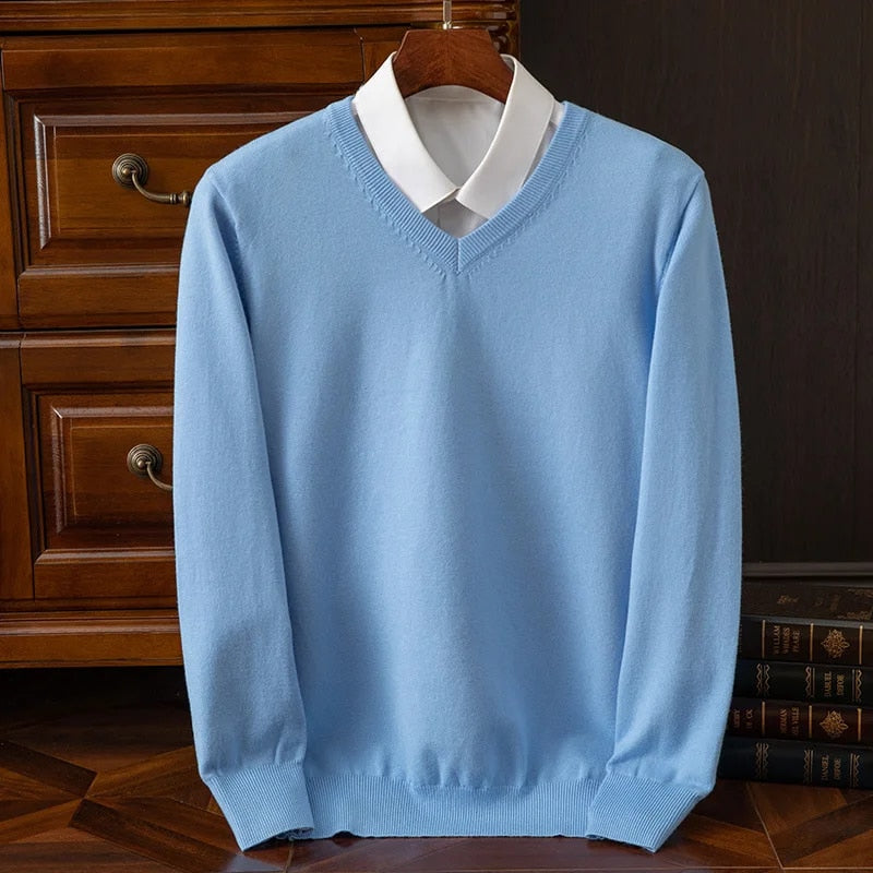 Elegant men's V-neck knit pullover, versatile long-sleeve sweater for autumn & winter layering.