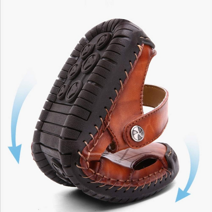 Men's hiking sandals with orthopedic arch support, durable closed-toe design for all outdoor adventures.