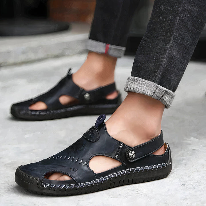Comfortable men's walking sandals, closed-toe design with excellent orthopedic arch support & adjustable fit.