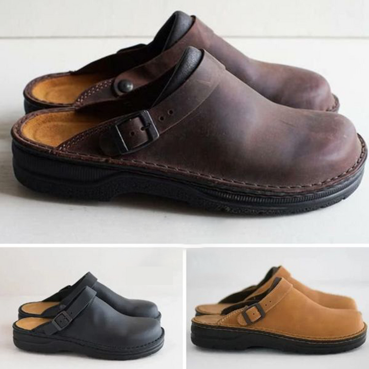 Men's dark brown orthopedic clogs, ideal comfort work shoes with foot support & easy slip-on.