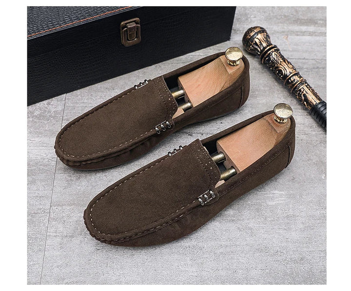 Top-down view of men's orthopedic loafers, emphasizing their easy slip-on style and comfort features.
