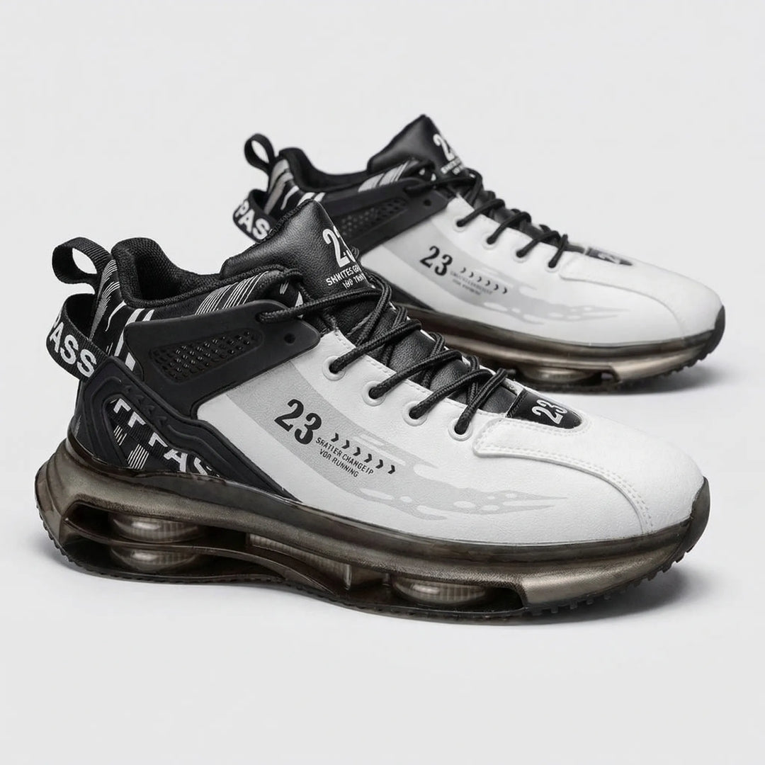 Athletic men's high-top sneakers, lace-up design with cushioned sole for orthopedic foot support & all-day comfort.