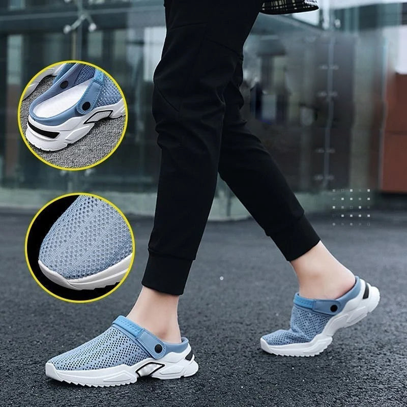 Men wearing orthopedic arch support sandals, demonstrating casual comfort.