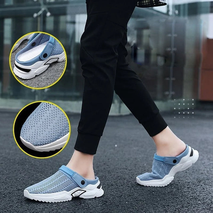 Men wearing orthopedic arch support sandals, demonstrating casual comfort.