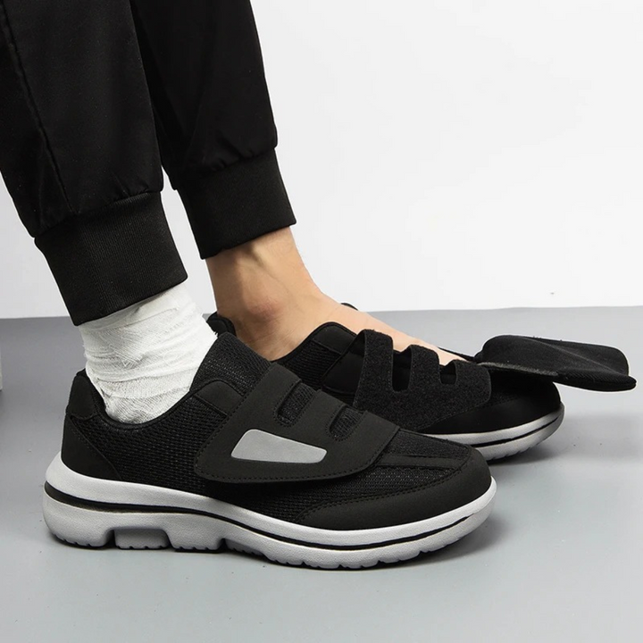 Side view of men's wide fit orthopedic shoes with adjustable Velcro strap for sensitive feet.