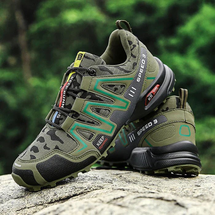 Performance men's orthopedic sneakers featuring a unique camo pattern and a cushioned sole for ultimate foot support.