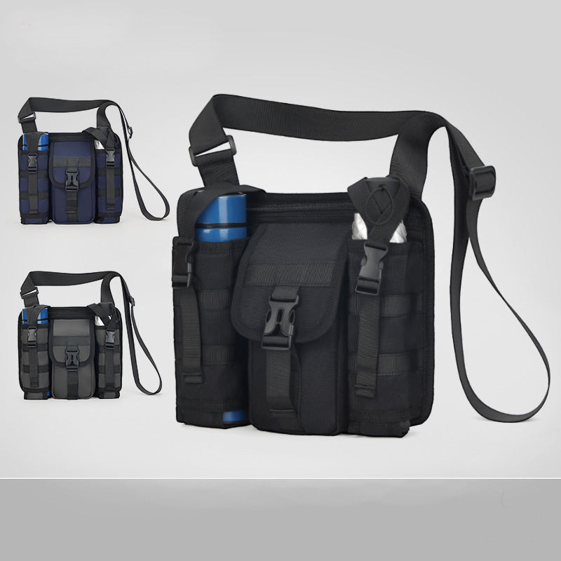 Side profile of men's travel shoulder bag, showing compact design & easy access storage