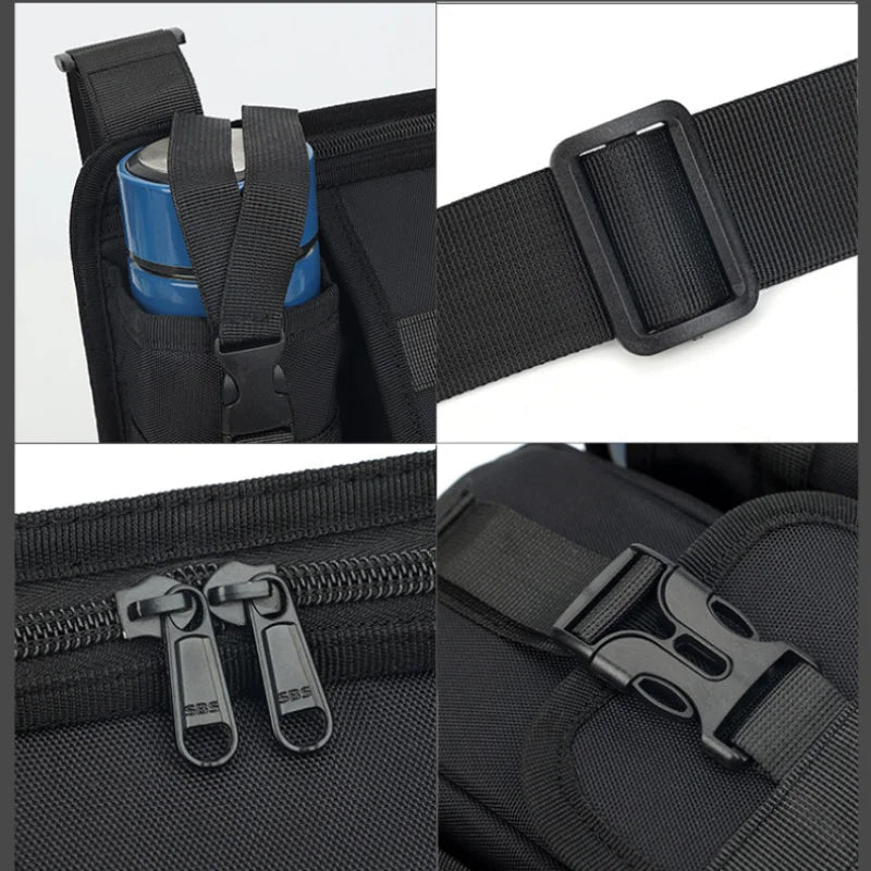 Close-up of men's durable messenger bag, highlighting strong zippers and material