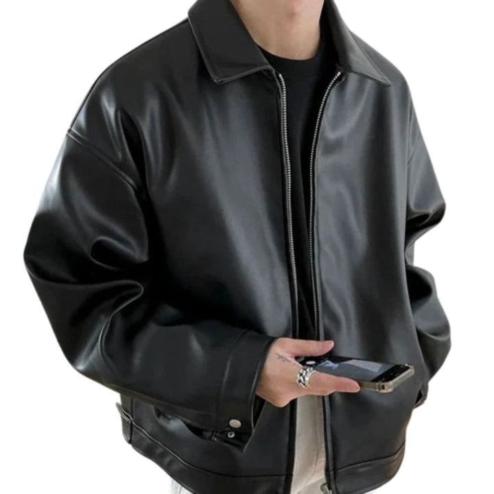 Men's oversized faux leather bomber jacket in black, front view, casual streetwear style