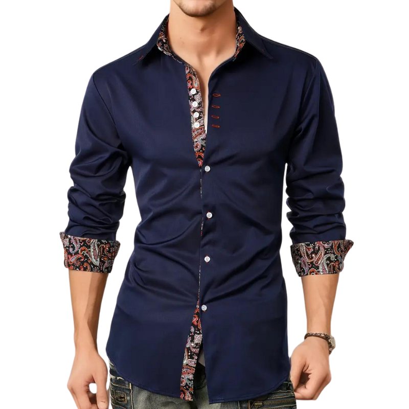 Fashionable man in a paisley slim fit long sleeve button-down shirt, showcasing distinctive elegance.