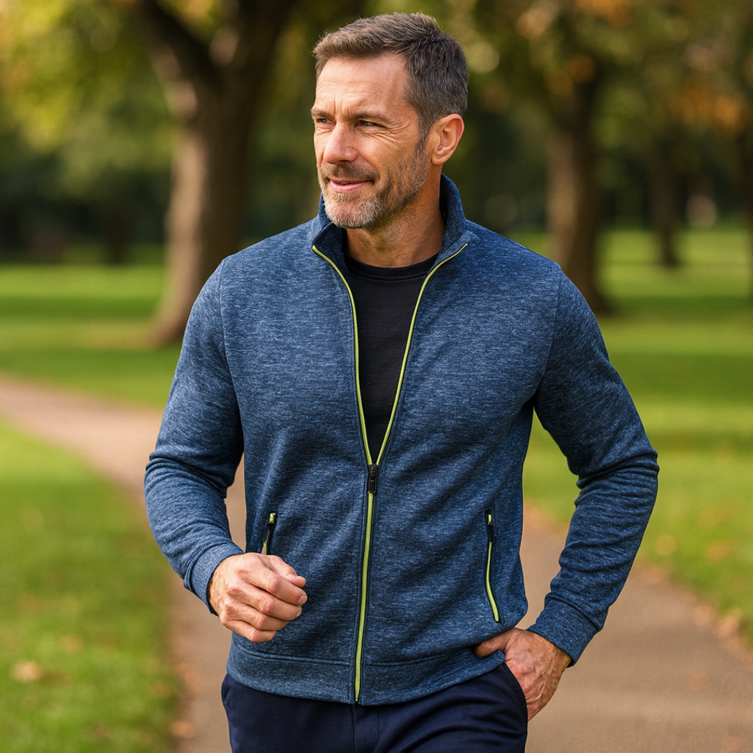 Essential men's full zip athletic jacket, stand collar, lightweight, perfect for activewear collection.
