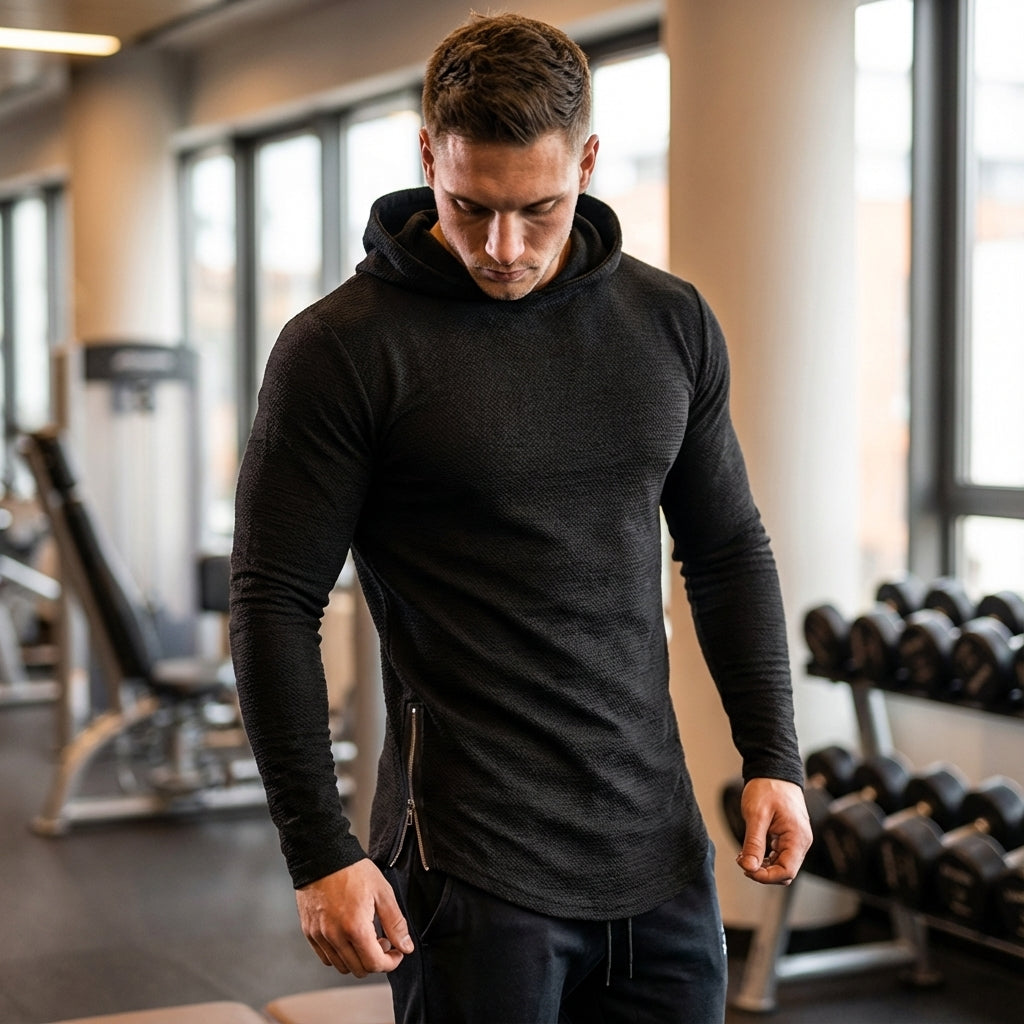 Men's performance training hoodie with full zipper. Ideal for gym, running & active workouts. Slim fit athletic wear.