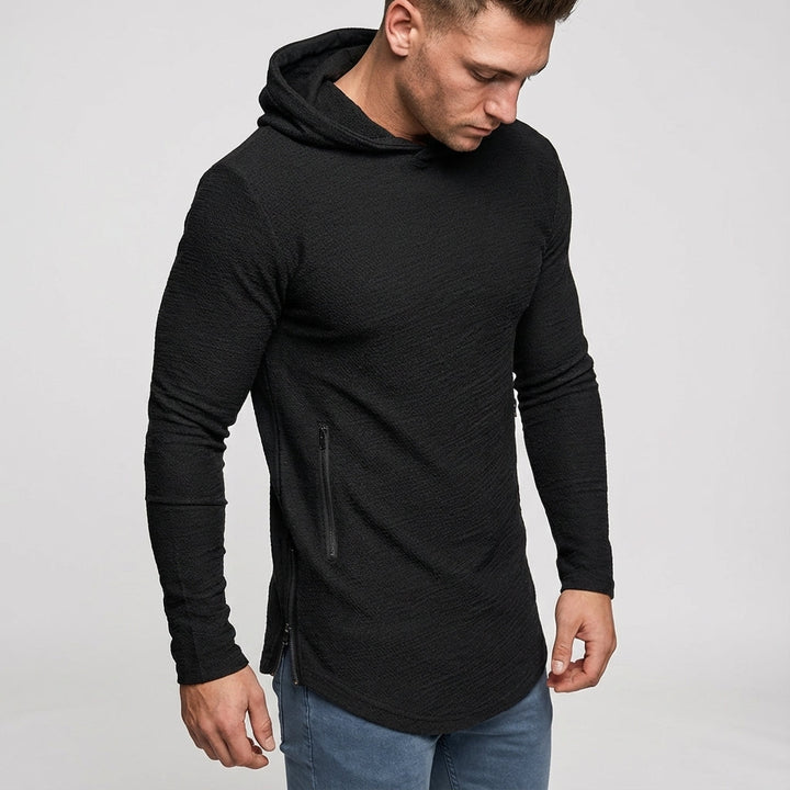 Versatile men's performance zipper hoodie. Ideal for gym, running, and active sportswear. Slim fit athletic apparel.