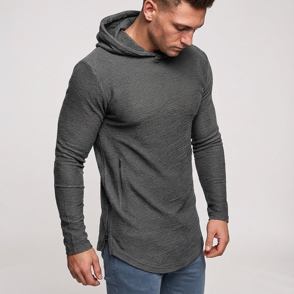Men's black performance training hoodie with full zipper. Essential slim fit gym apparel & active sportswear.
