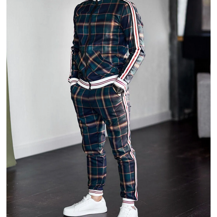 Men's plaid activewear tracksuit for jogging, two-piece sportswear for athletic use