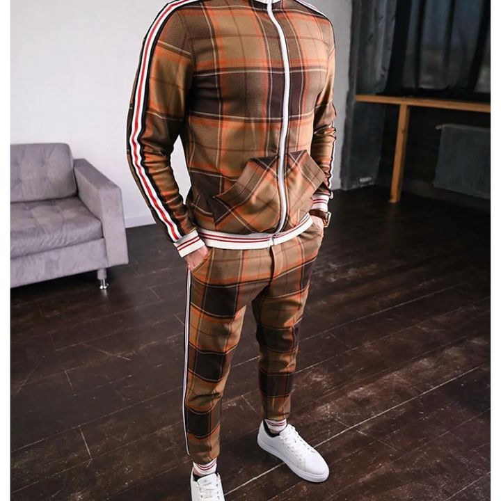 Stylish men's plaid activewear tracksuit, ideal for jogging, showcasing modern menswear fashion