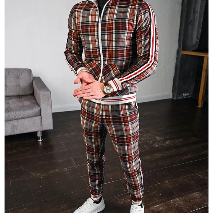 Two-piece plaid jogging tracksuit for men, comfortable and fashionable sportswear