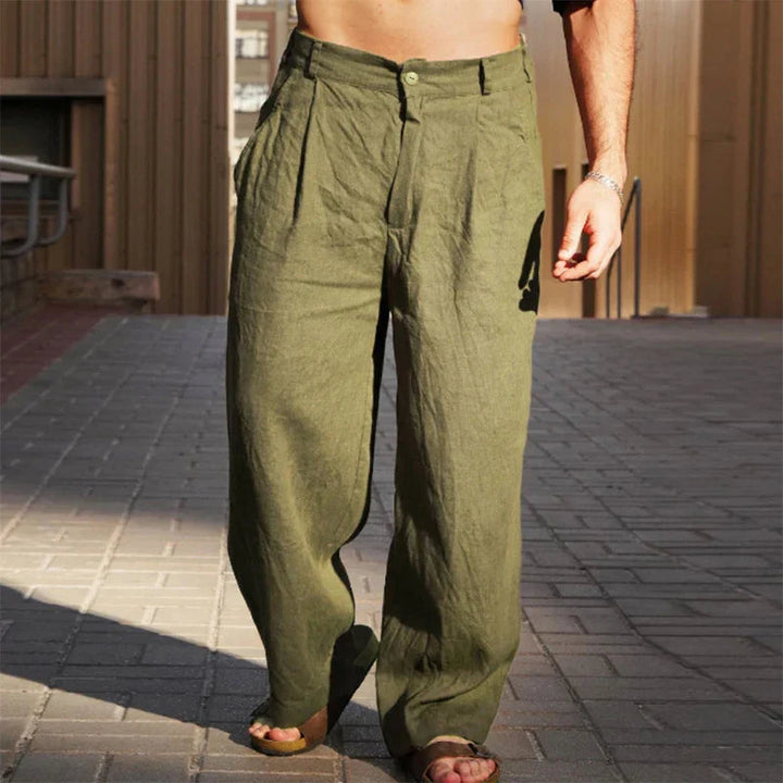 Stylish men's casual outfit featuring comfortable wide leg pleated chino pants, perfect for modern menswear.
