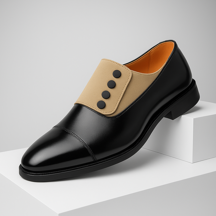 Men's polished black leather loafers with unique button detail, perfect for formal occasions.