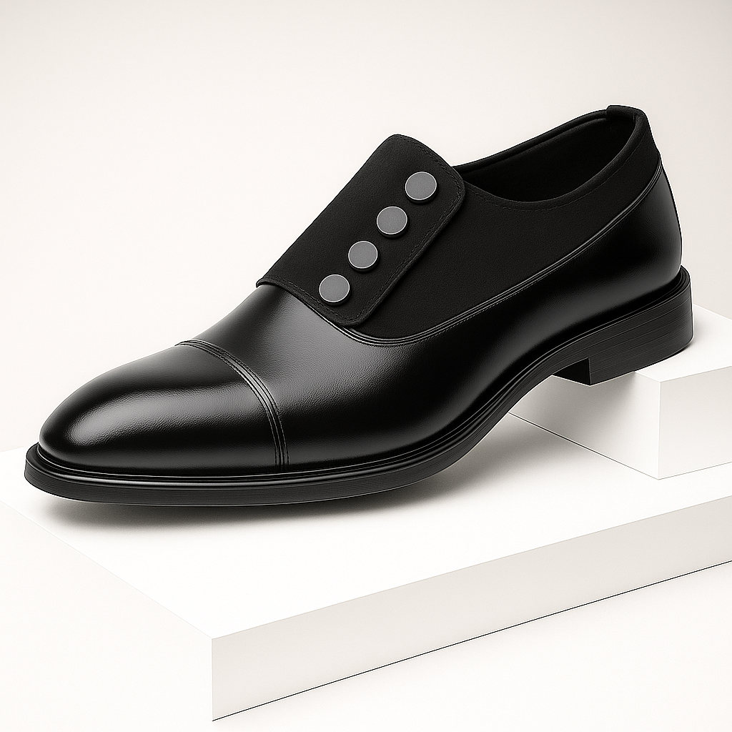 Close-up of men's black polished leather loafer, highlighting the elegant button embellishment.