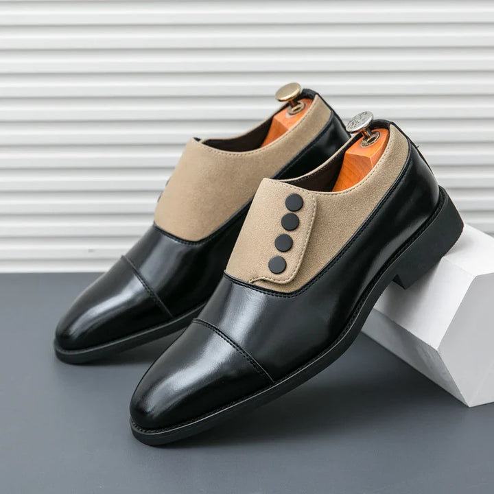 Men's versatile brown polished leather dress shoes with button detail, suitable for many outfits.