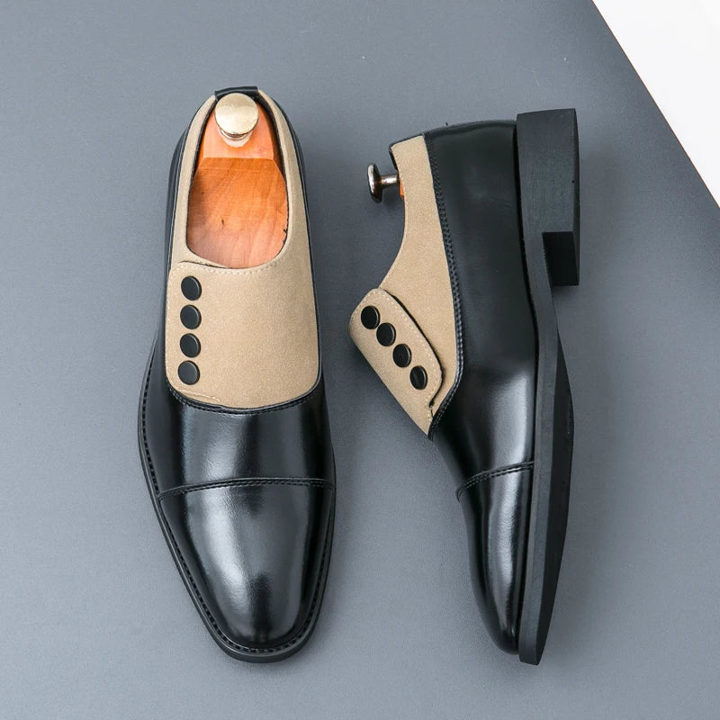 Collection of men's black and brown polished leather loafers, all with stylish button accents.