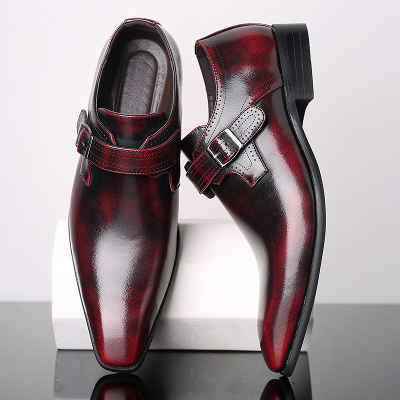 Elegant men's polished leather monk strap dress shoes with a sleek single buckle design for formal wear.