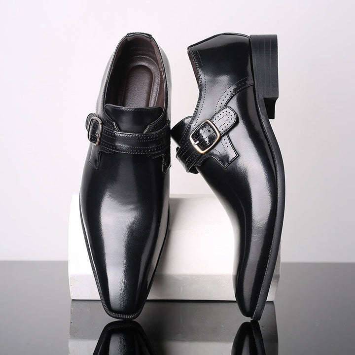 Sophisticated men's formal footwear: a polished single buckle monk strap shoe ideal for business.