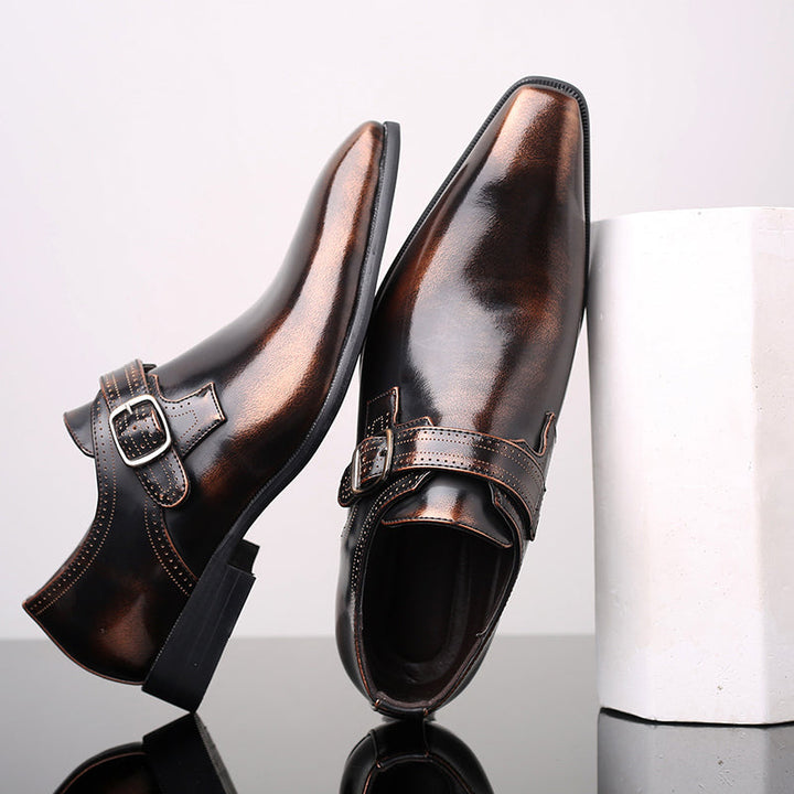 Polished men's single buckle monk strap shoes for a refined business attire and elegant formal look.