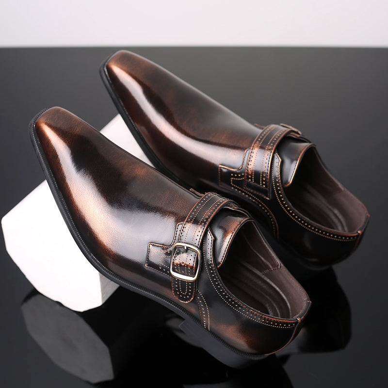 Stylish men's polished leather monk strap dress shoes, designed with a classic single buckle.