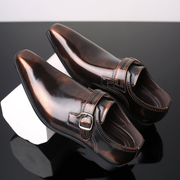 Stylish men's polished leather monk strap dress shoes, designed with a classic single buckle.