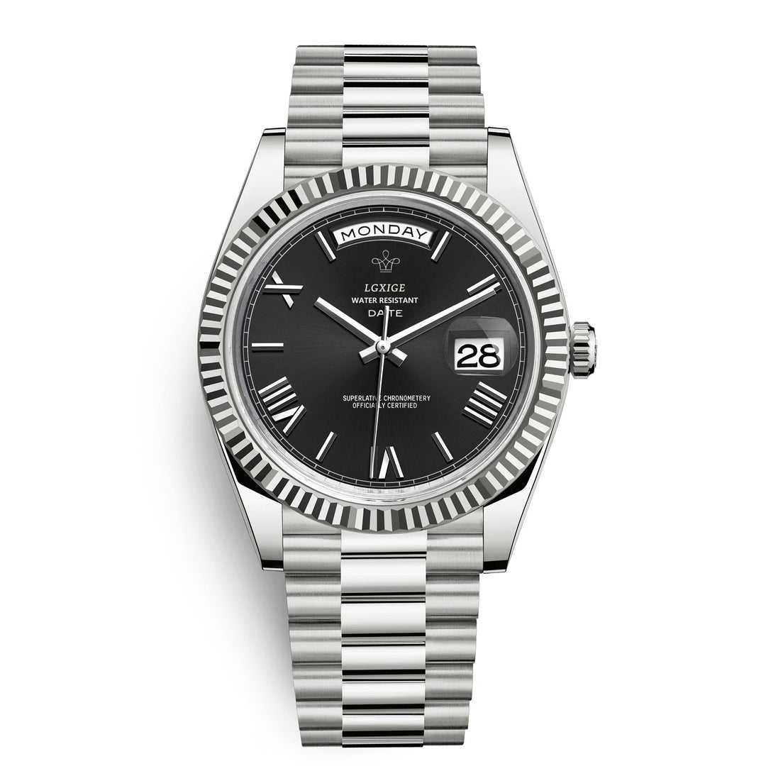 Close-up of the crown on a men's premium automatic watch. Durable & elegant self-winding timepiece.