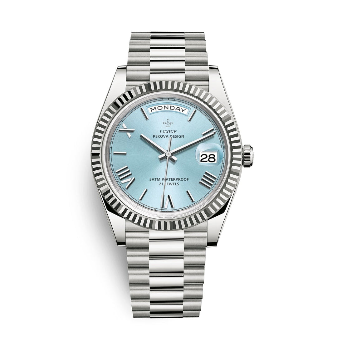 Men's premium automatic day date watch elegantly displayed. A classic & versatile accessory for men.