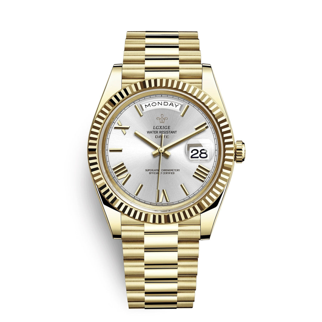 Men's premium automatic watch displaying day & date functions. Reliable self-winding versatile timepiece.