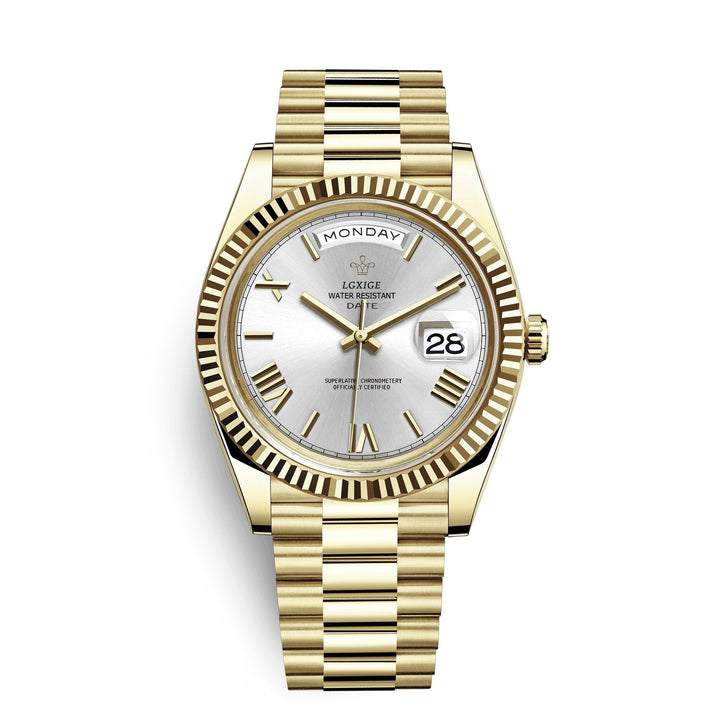 Men's premium automatic watch displaying day & date functions. Reliable self-winding versatile timepiece.