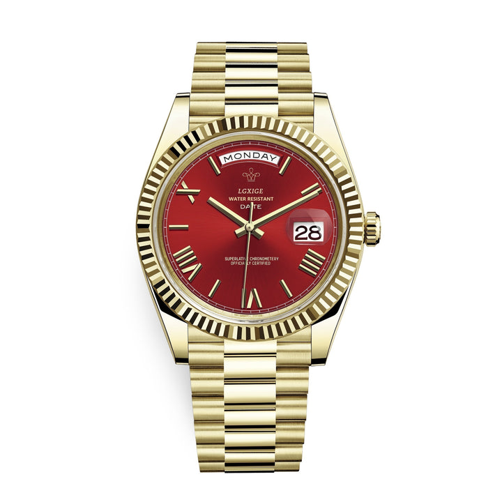 Men's premium automatic day date watch on wrist with a suit. Elegant dress watch for men.