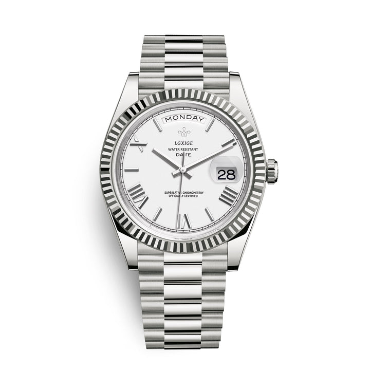 Premium leather strap of a men's automatic day date watch, comfortable & durable. Classic accessory.
