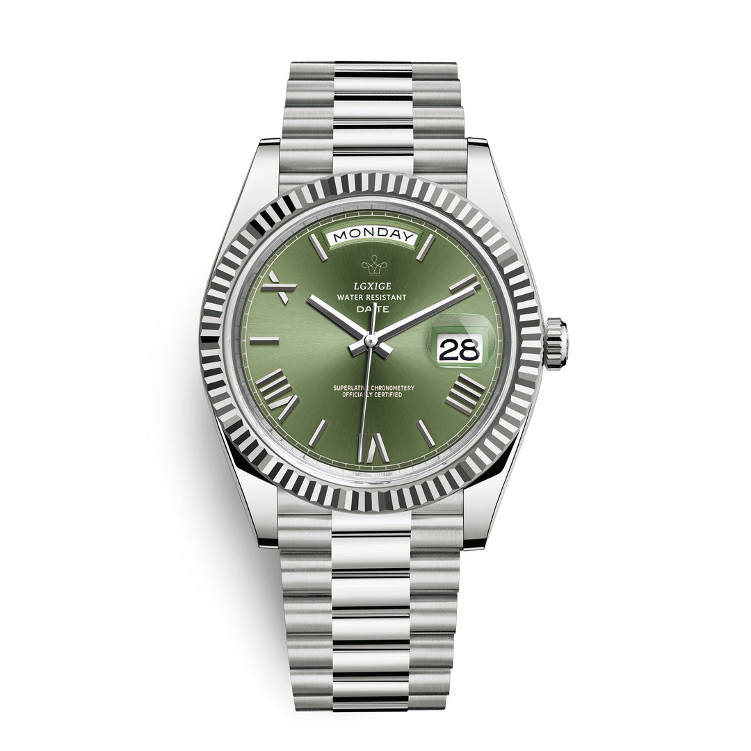 Angled view of a men's premium automatic watch with day & date, highlighting its sophisticated design.