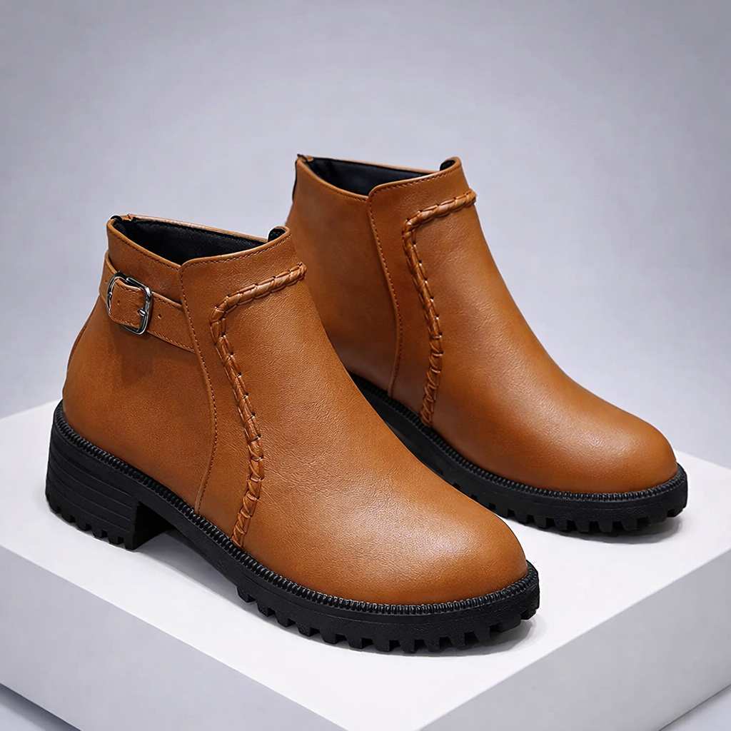 Close-up of men's premium brown leather ankle boots, showcasing texture and quality, orthopedic comfort