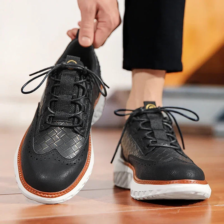Men's leather casual footwear, showcasing a sleek design with orthopedic and breathable benefits.