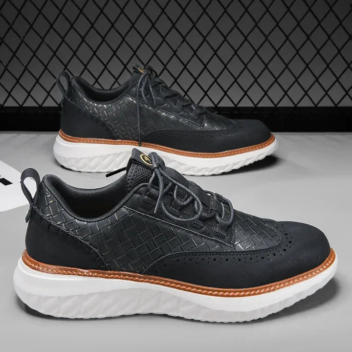 Detail of the leather texture on men's casual sneakers, emphasizing premium quality and comfort.