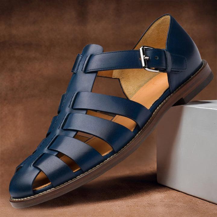 Men's premium brown leather fisherman sandals with adjustable straps & closed toe for summer comfort.