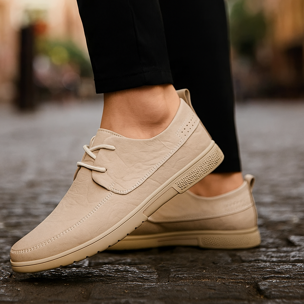 Pair of Beige Men's Leather Loafers, ideal for both business casual and relaxed outings