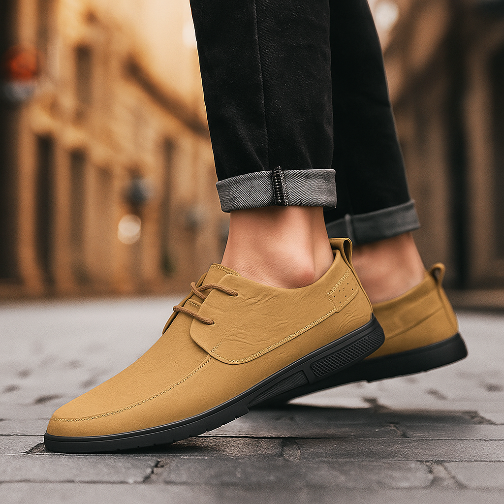 Top-down view of men's leather slip-on shoes in a khaki hue, highlighting craftsmanship