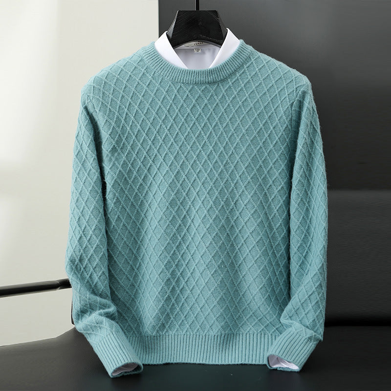 Close-up of a men's cozy premium knit sweater, highlighting soft texture and quality craftsmanship.
