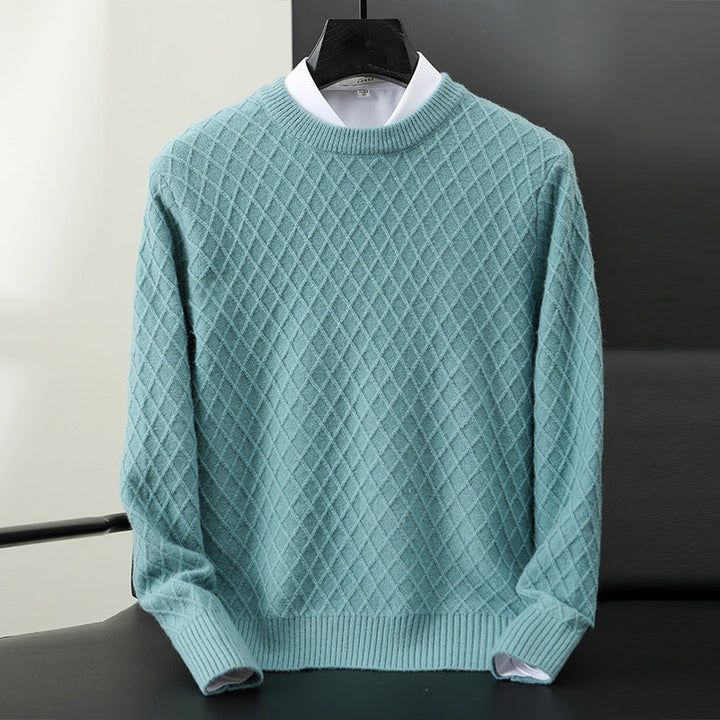 Close-up of a men's cozy premium knit sweater, highlighting soft texture and quality craftsmanship.